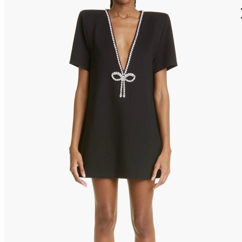 Area Crystal Bow V-Neck Ponte Knit T-Shirt Minidress medium